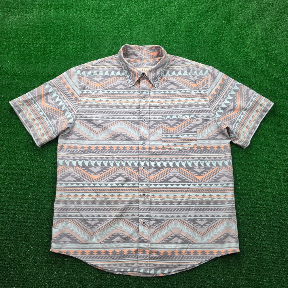 Huk Fishing Performance Geometric Shark Tooth Shirt Mens Small Button Up Tribal